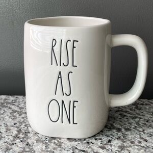 RAE DUNN • Stylish White Mug with Black Lettering “RISE AS ONE”